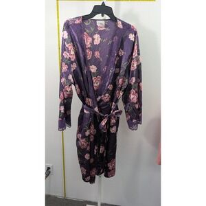 Amoureuse Purple Floral Satin 2pc Robe and Chemise Lingerie Set Plus Size 1X